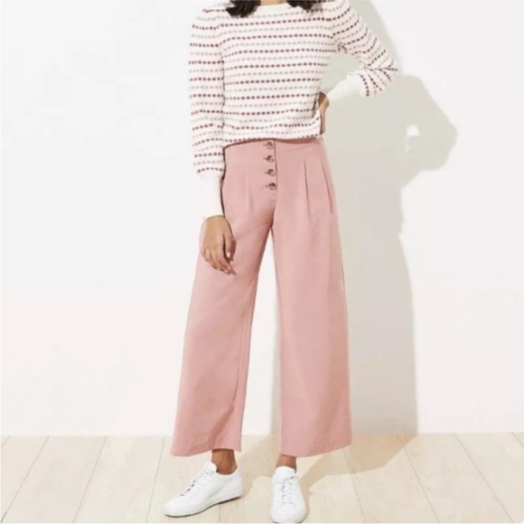 Loft Pants Womens Size 2 High Waist Wide Leg Dust Pink Cropped Button Front - Picture 1 of 6